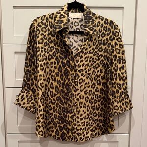 La Prestic Ouiston 100% Silk Leopard Print Button-Down Shirt
